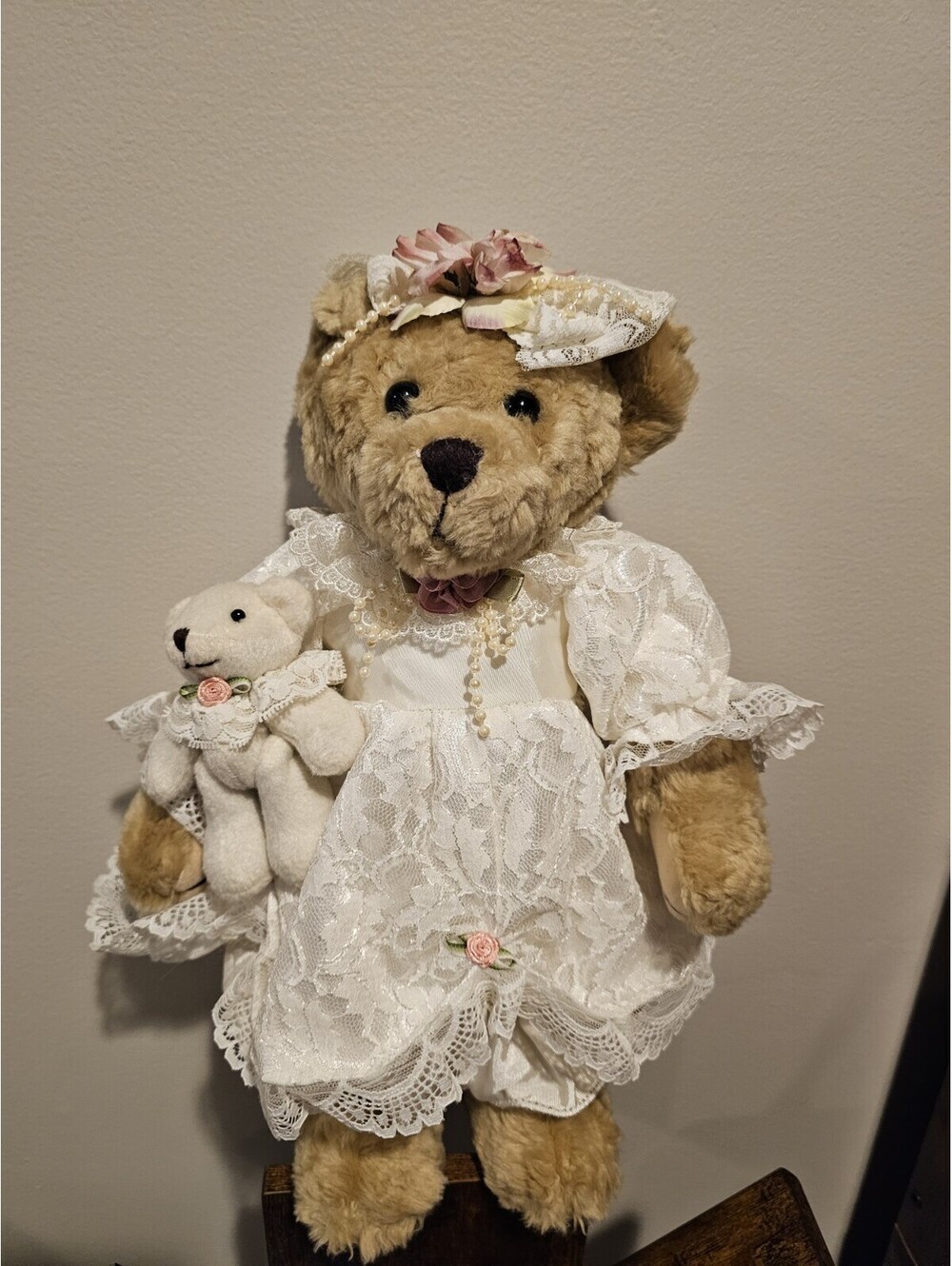 Victorian Bridal Teddy Bear Stand Display Lace Dress Vintage Decor